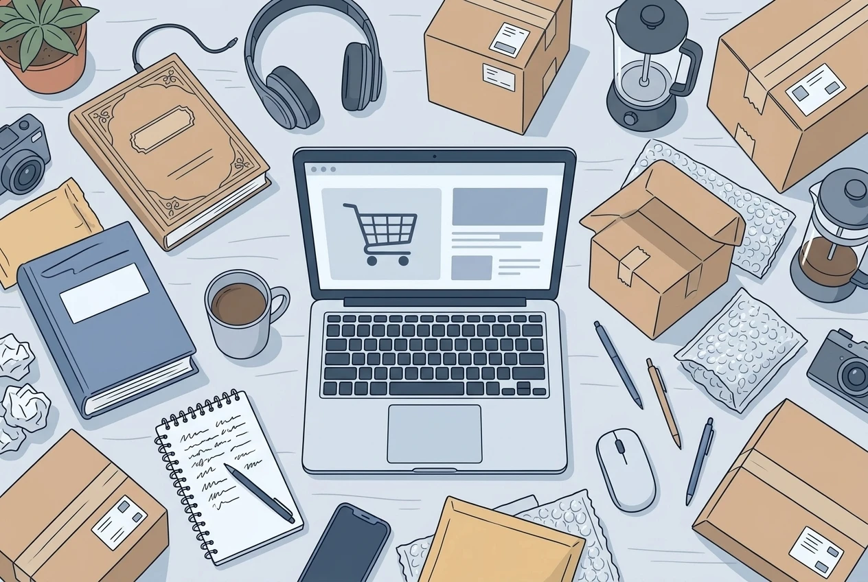 A cluttered desk shot from above showing an open laptop with a shopping cart icon on screen, surrounded by several small cardboard shipping boxes and everyday products like headphones, a book, and a kitchen gadget, representing the broad mix of items a marketplace affiliate can link to.
