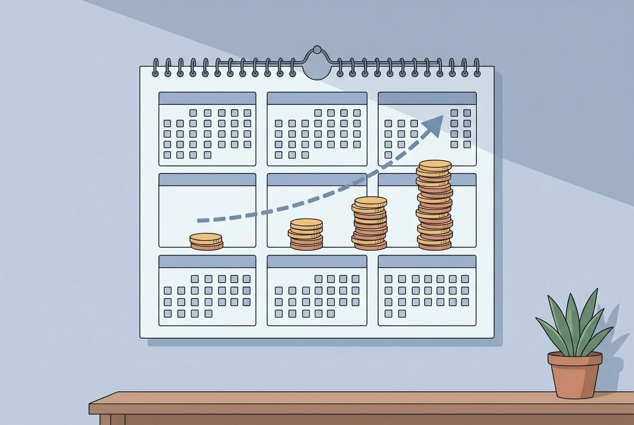 A wall calendar with small stacks of coins placed on several consecutive months, each stack slightly taller than the last, illustrating a recurring commission compounding month after mont