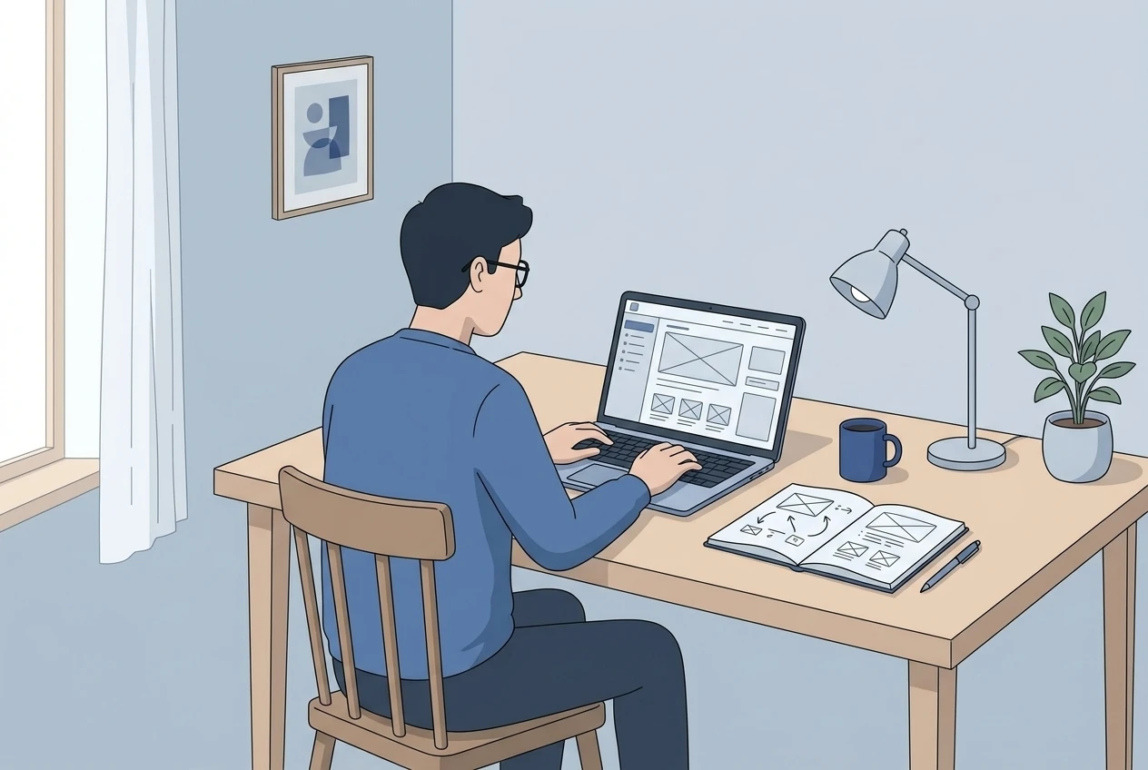 A clean desk with an open laptop displaying a simple, unbranded website template being built, next to a notebook, a coffee mug, and a potted plant, evoking someone setting up their own hosted site.