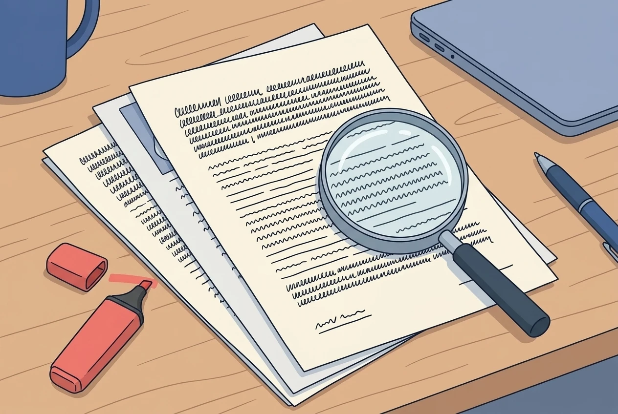 A magnifying glass resting over a stack of printed pages on a desk, with a red highlighter nearby, as if someone is carefully inspecting the fine print of a contract before signing.